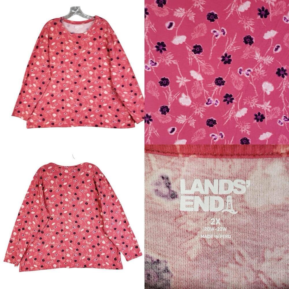 Lands End Shirt‎ Women's Plus Size 2X Navy Red Floral Long Sleeve Tee Cotton